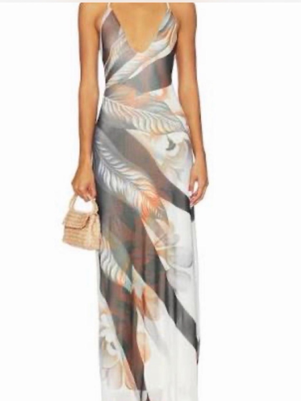 AFRM Maxi Slip Dress White Gray Palm Print cross cross back v neck floral sexy